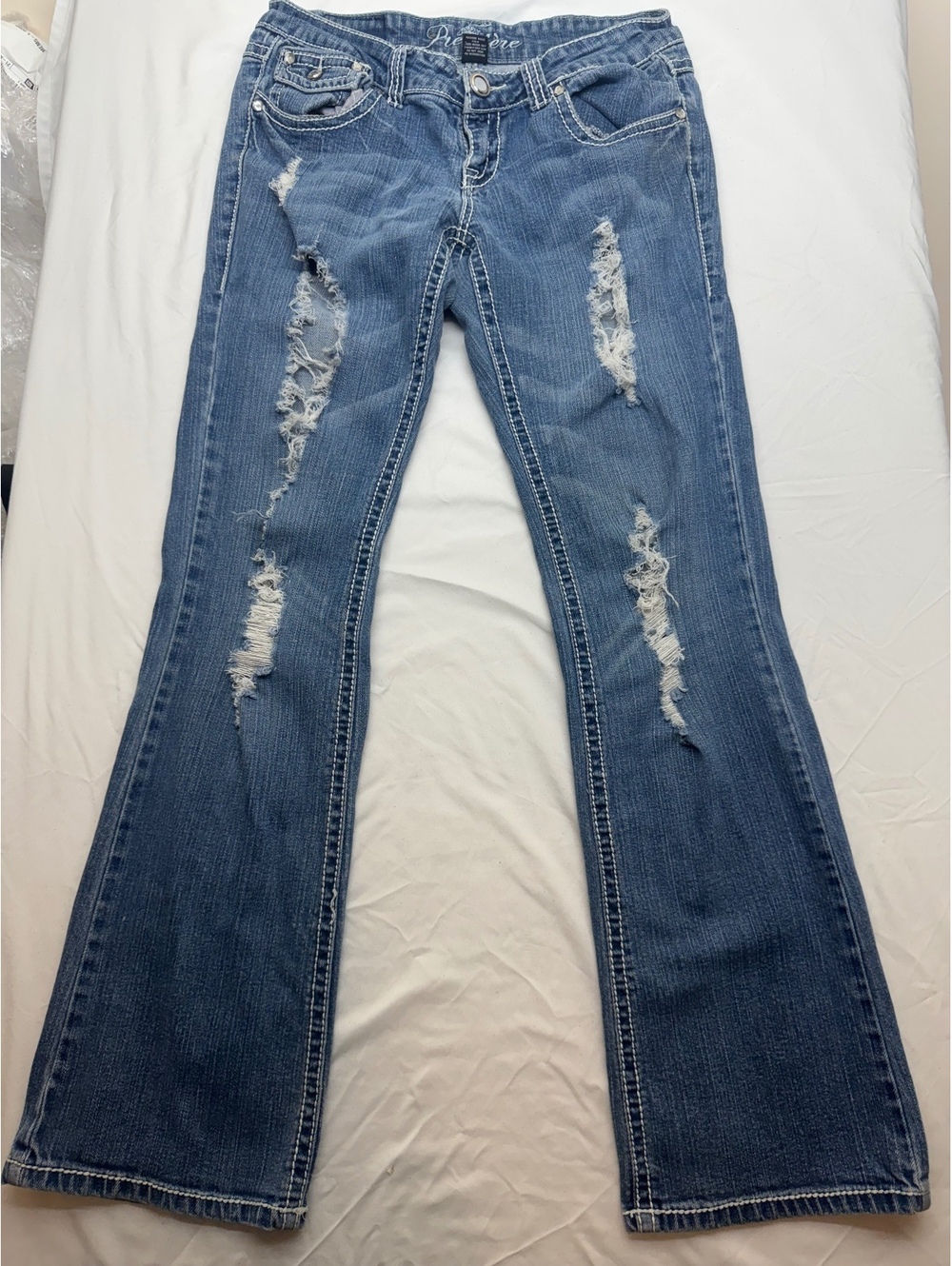 Premiere Denim Distressed Bootcut Jeans - Thick Stitch Y2K Flap Pocket Size 7/8